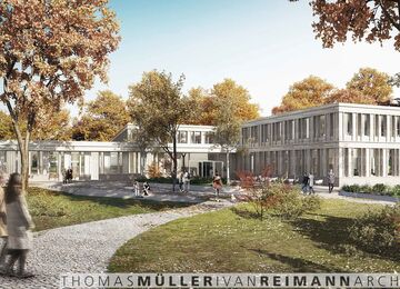 Renderbild der Planung als Perspektive. Blick zum Haupteingang vom Institutsgelände.